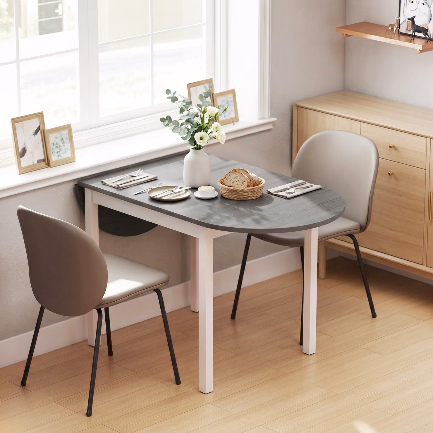 HOMCOM Grey Wooden Drop-Leaf Dining Table for 4-6 People – 4