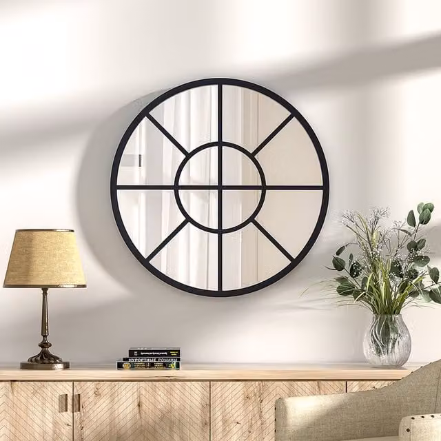 Livingandhome Window Style Geometric Wall Mirror with Crossed Double Circle Metal Frame, Black, Diameter: 50 cm