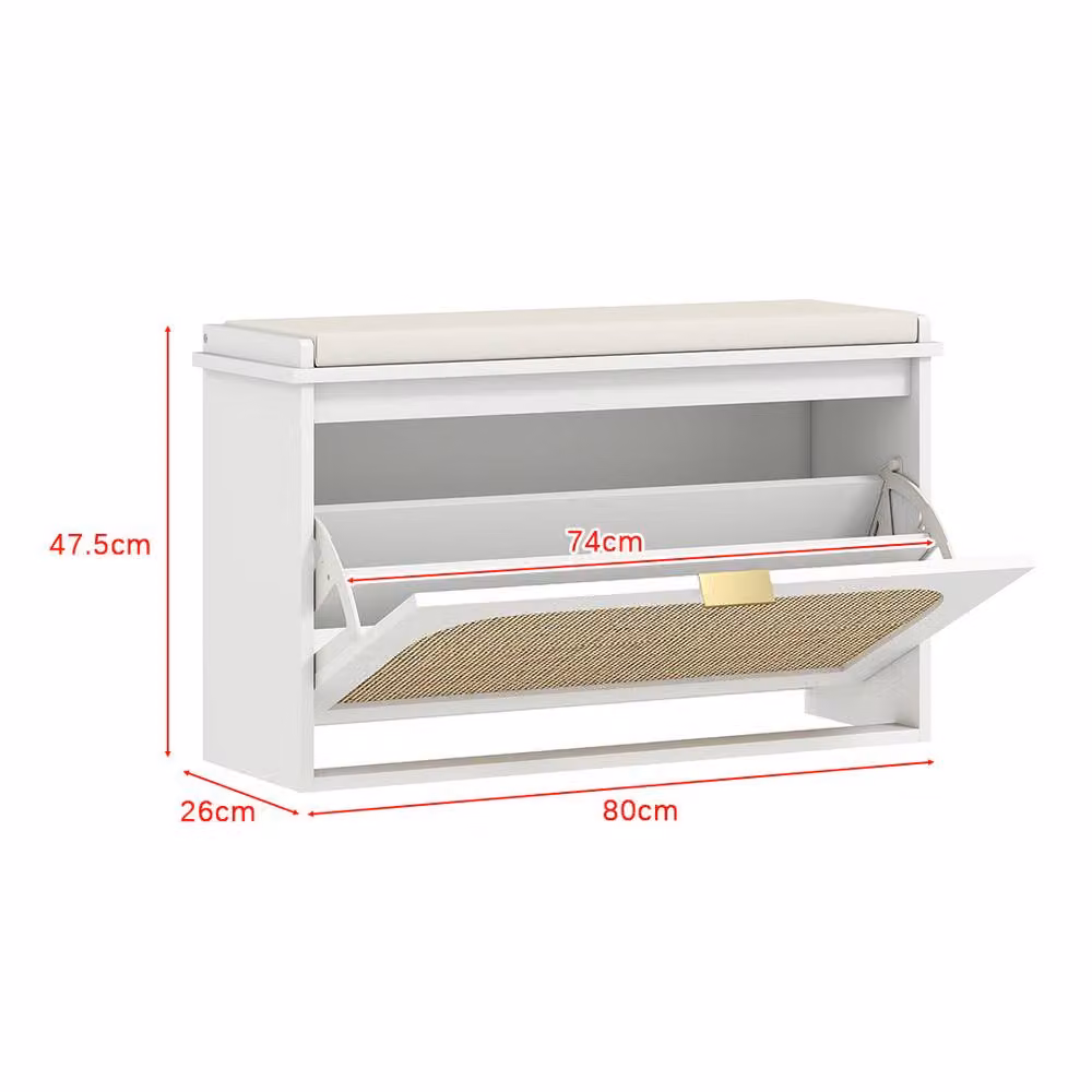 ERGOVEXA Boho Shoe Storage Bench with Padded Fabric Seat and Rattan Flip Drawer, White – 2
