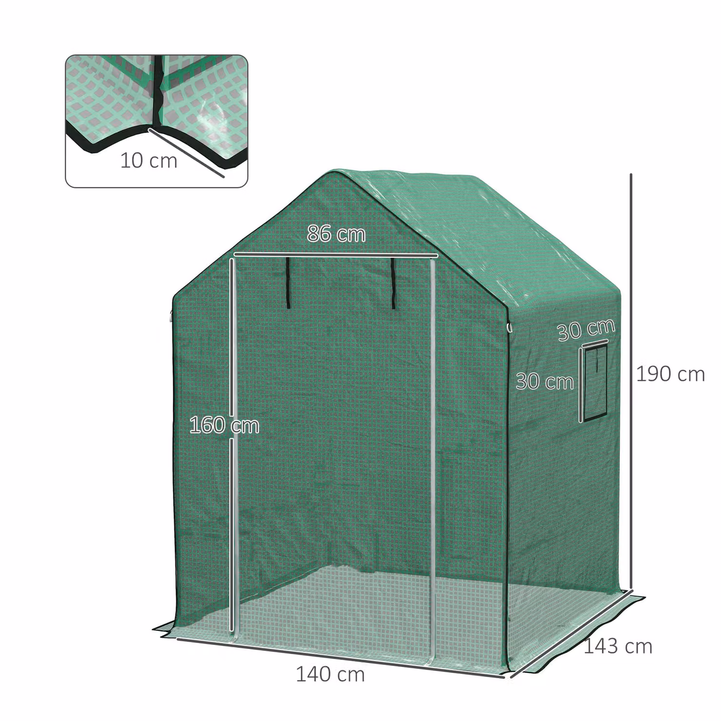 Outsunny Green PE Greenhouse Cover Replacement with Roll-up Door and Windows, W: 140 cm, D: 143 cm, H: 190 cm – 3