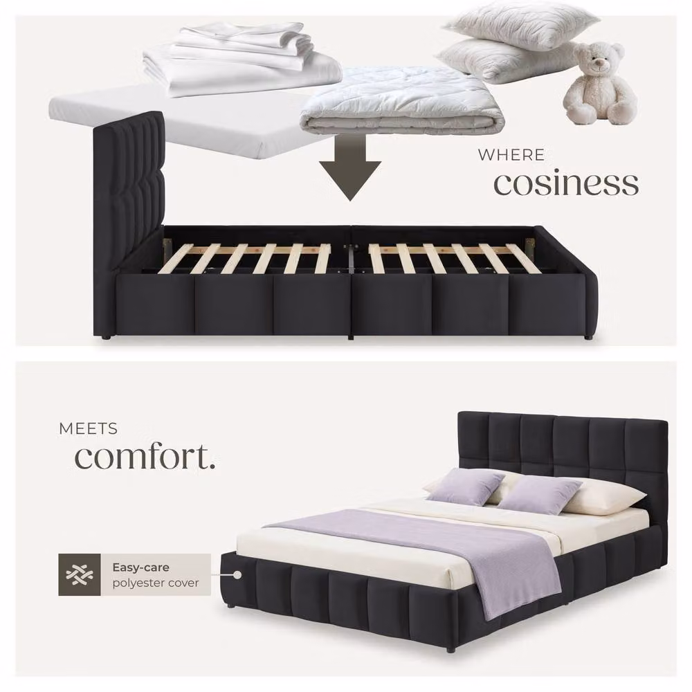 tectake Shirley Upholstered Double Bed with Lift Up Base and Slatted Frame in Black, W/D/H: 140 x 200 cm – 7