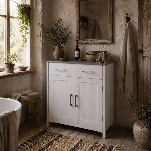 Wyld Haus Tova White Bathroom Storage Cabinet with 2 Drawers and Double Doors, H 76 cm x W 68 cm x D 33 cm
