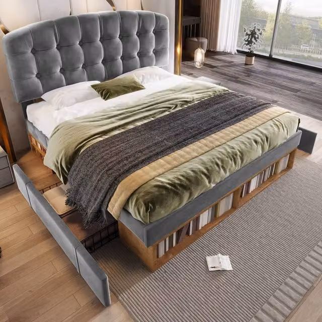 Merax King Size Velvet Upholstered Storage Bed with Adjustable Headboard in Grey, W/D/H: 150 x 200 x 110 cm – 1