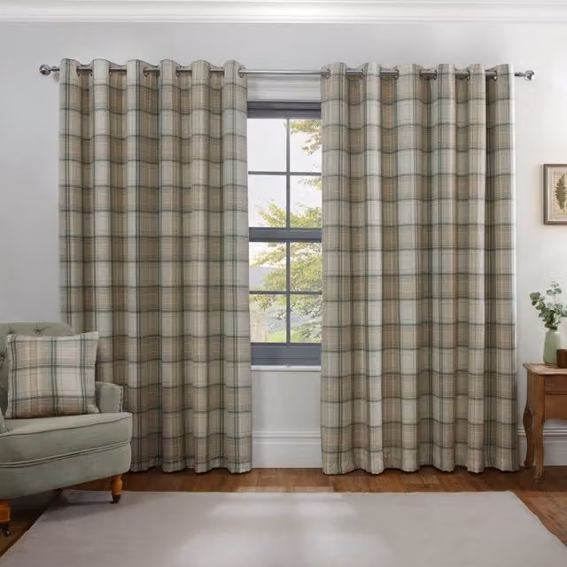 Divante Green Checked Blackout Fabric Panel Curtains with Eyelets, H: 168 cm, W: 168 cm
