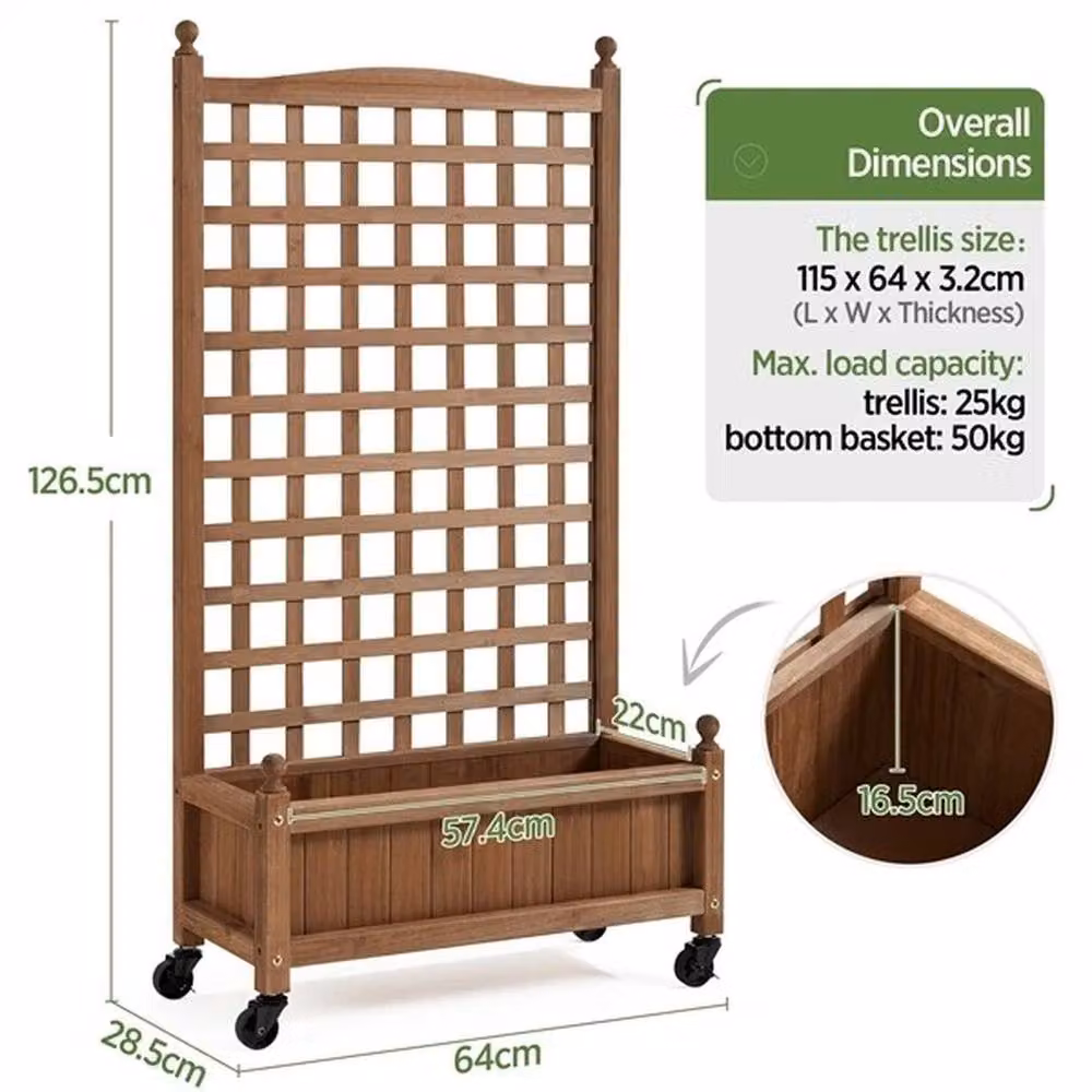 EONLION Wooden Outdoor Planter Box with Trellis in Brown and Multicolour, W/D/H: 126.5 x 64.0 x 28.5 cm – 2