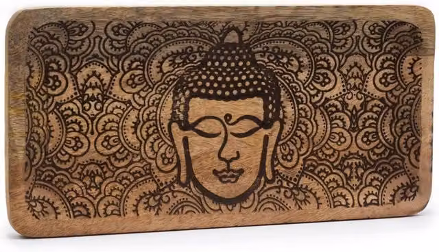 KDMD Long Tray with Black Buddha Face Engraved in Brown, W: 30 cm, D: 15 cm, H: 2.5 cm