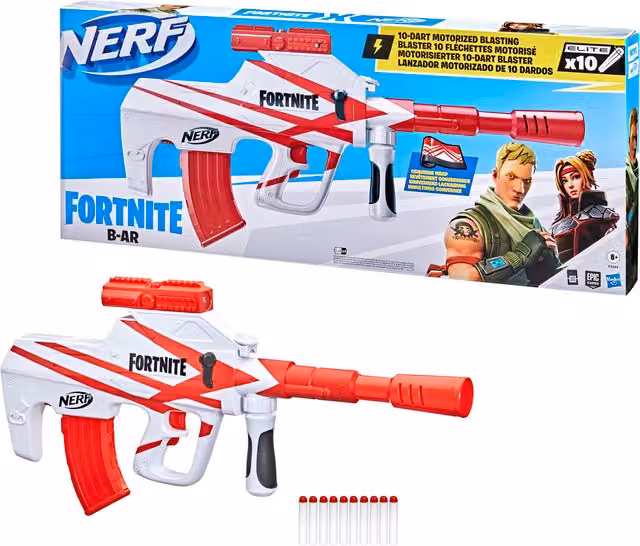 Hasbro Nerf Fortnite B-AR Motorised Dart Blaster in White with 10 Darts
