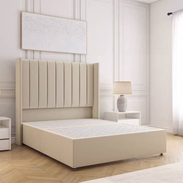 BSSPOKE Hannah Small Double Divan Bed with 54 inch Plush Velvet Headboard in Beige, W/D/H: 120 x 200 cm
