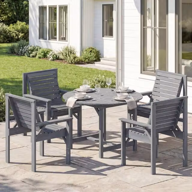 OUTSUNNY Grey Round Garden Dining Set with Table and Chairs, Treated Hardwood, W/D/H: 100 x 100 x 75 cm