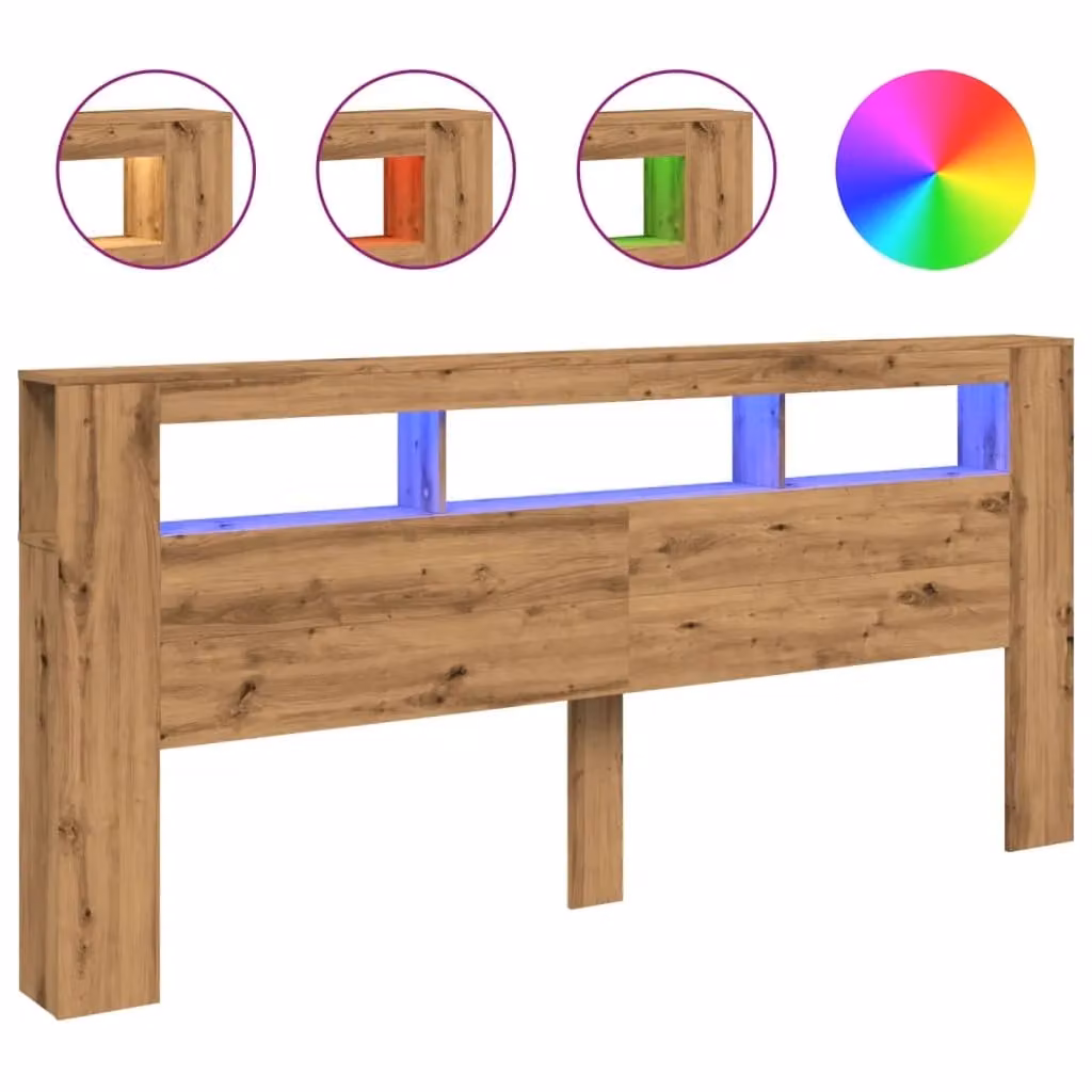 Berkfield Home Artisan Oak LED Headboard in Brown with Integrated Lighting, Shelf and USB Charging Port, W: 220 cm, D: 18.5 cm, H: 103.5 cm – 1