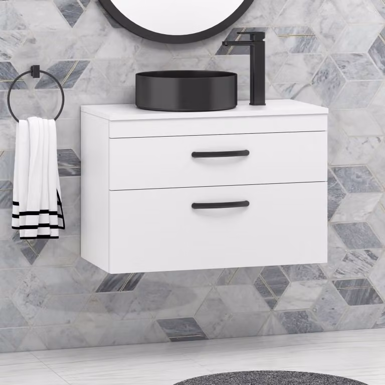 Royal Bathrooms 800mm Wall Hung 2 Drawer Gloss White Vanity Unit with Art Round Ceramic Countertop Basin