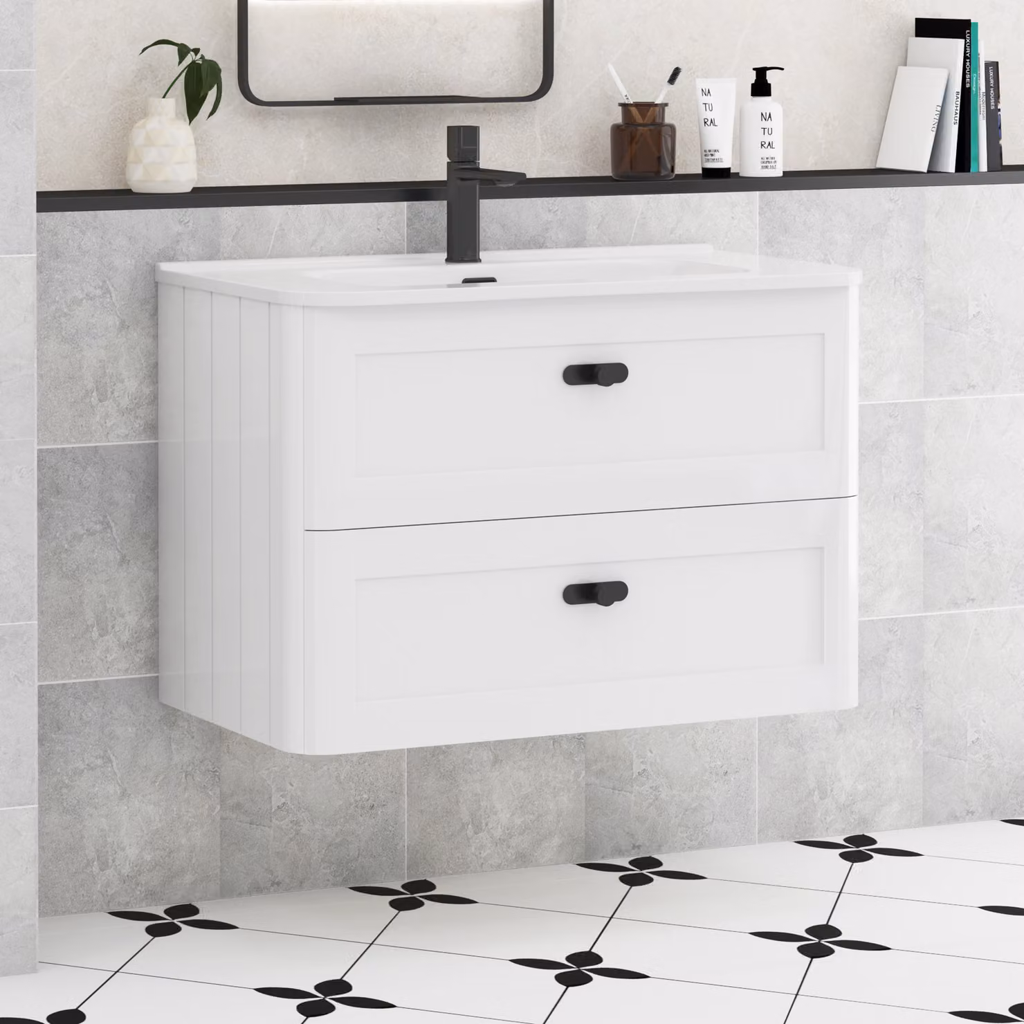 Royal Bathrooms Henley 800mm Gloss White Wall Hung Vanity Unit with 2 Drawers, Ceramic Basin and Matt Black Knob