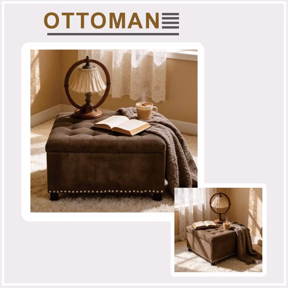 Rolipo Square Storage Ottoman Footstool in Brown with Silver Rivets – 3