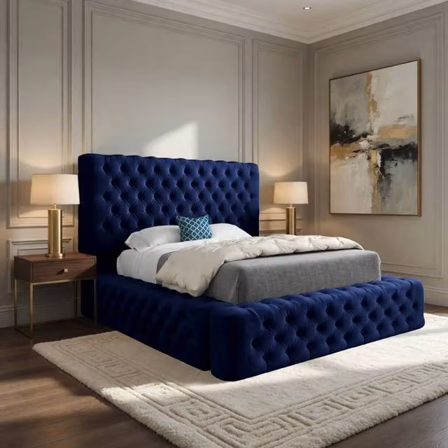 Casani Isleham Blue Velvet Upholstered Chesterfield Bed Frame, W/D/H: 180 x 137 x 201 cm – 1