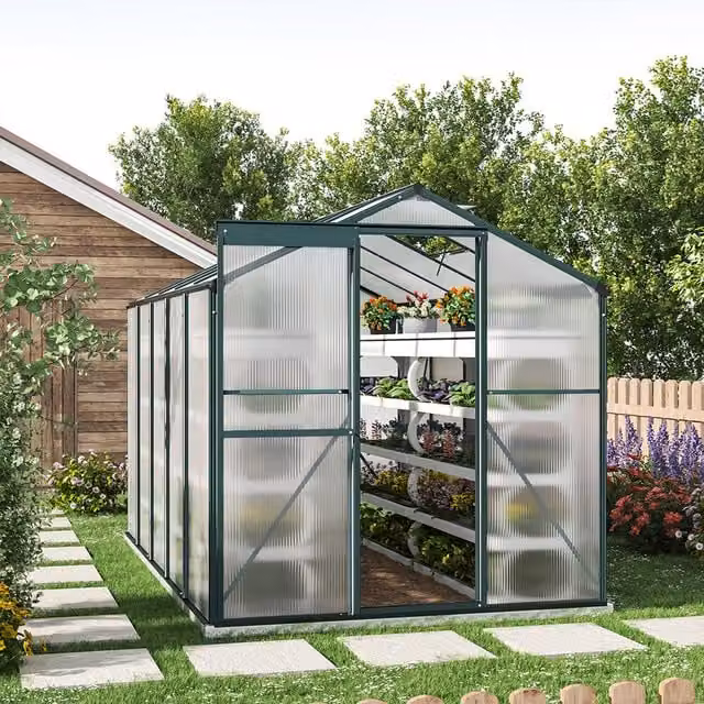 Livingandhome Aluminium Framed Garden Greenhouse with Polycarbonate Panels, Transparent and Green, W: 313 cm, H: 190 cm