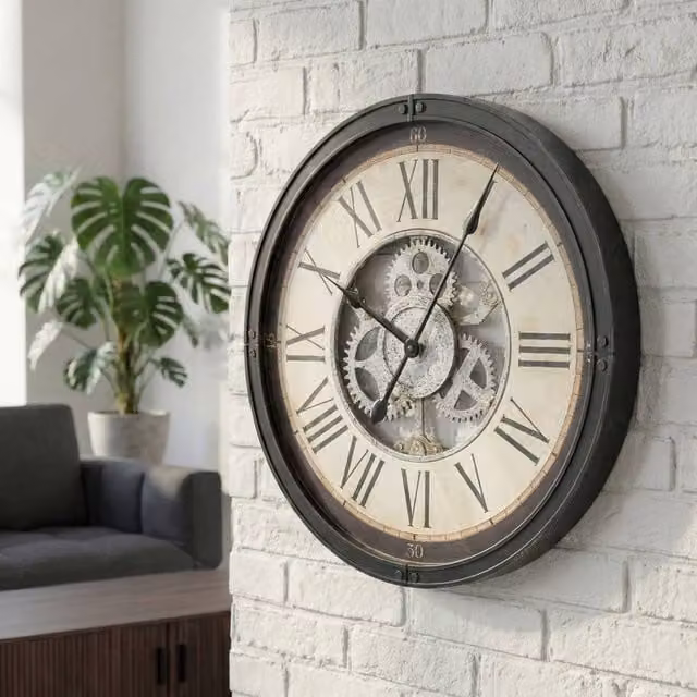 Wyld and Coco Classic Industrial Round Wall Clock in Black with Exposed Gears, Diameter: 50 cm