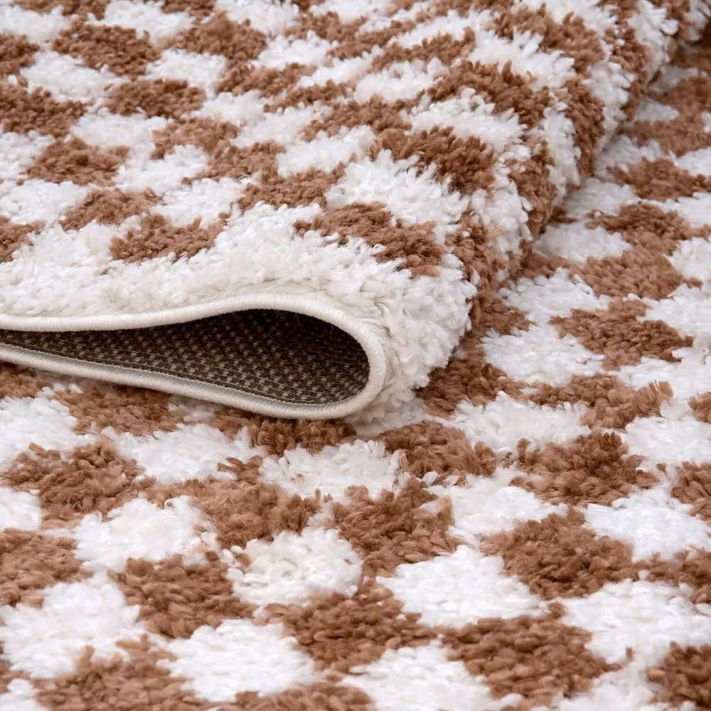 THE RUGS Moodi Terracotta Chequered Shaggy High Pile Round Living Room Rug, Diameter: 120 cm – 4