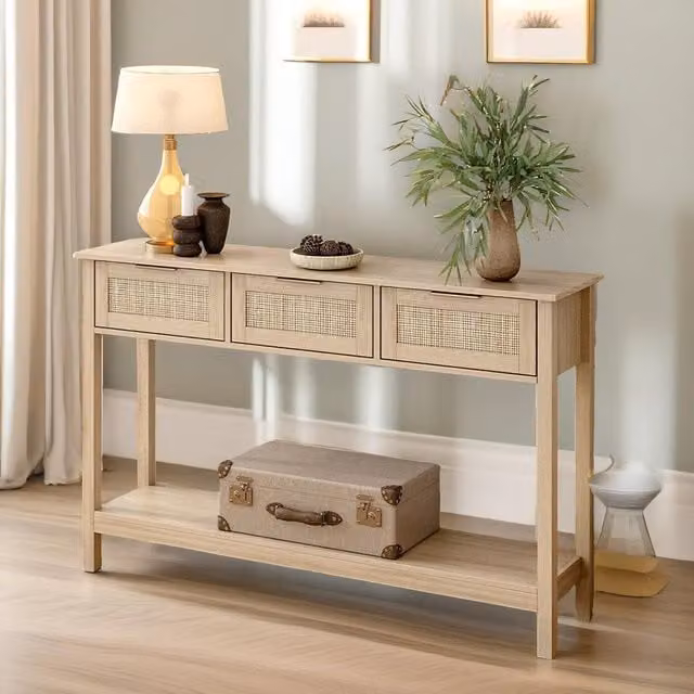 Pirlo Plush 3 Drawer Wooden Rattan Console Table in Brown and Beige