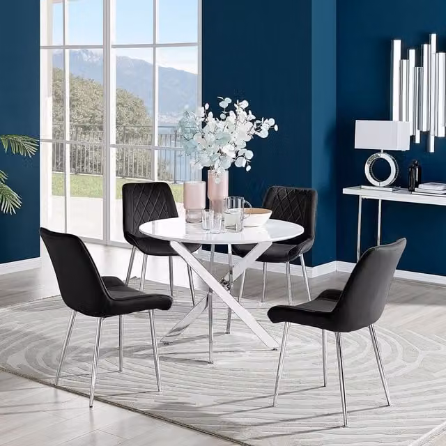 FurnitureboxUK Novara White High Gloss Round Dining Table with 4 Pesaro Silver Chairs in Black