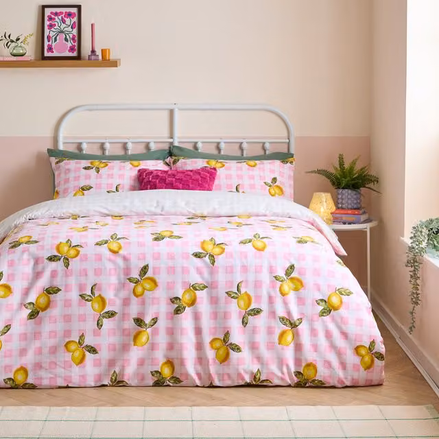 Make it a Home Gingham Lemons Reversible Cotton Duvet Cover Set, Pink, 200 x 200 cm