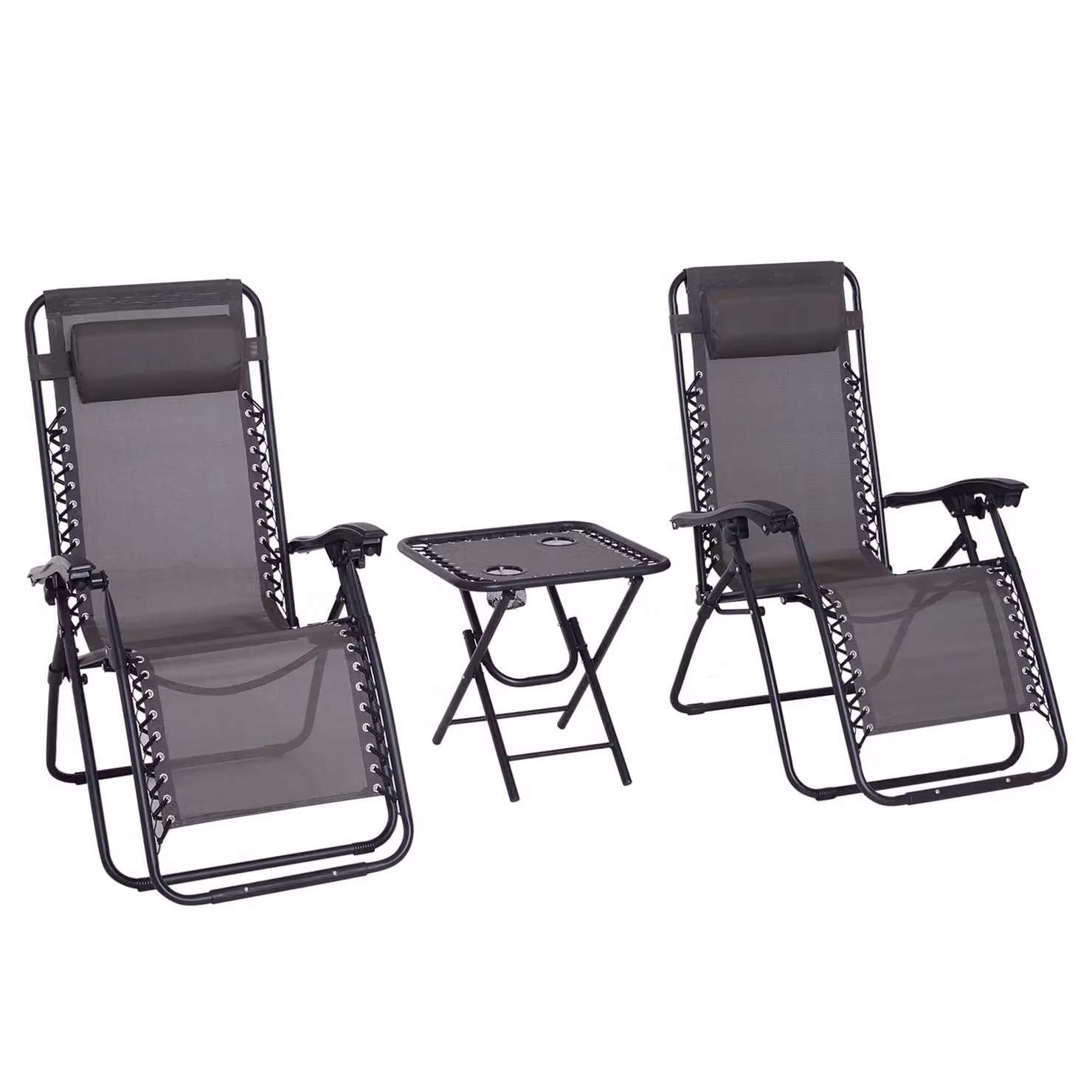 OUTSUNNY 3-Piece Zero Gravity Sun Lounger and Table Set in Dark Grey with Cup Holders and Adjustable Headrests – 2
