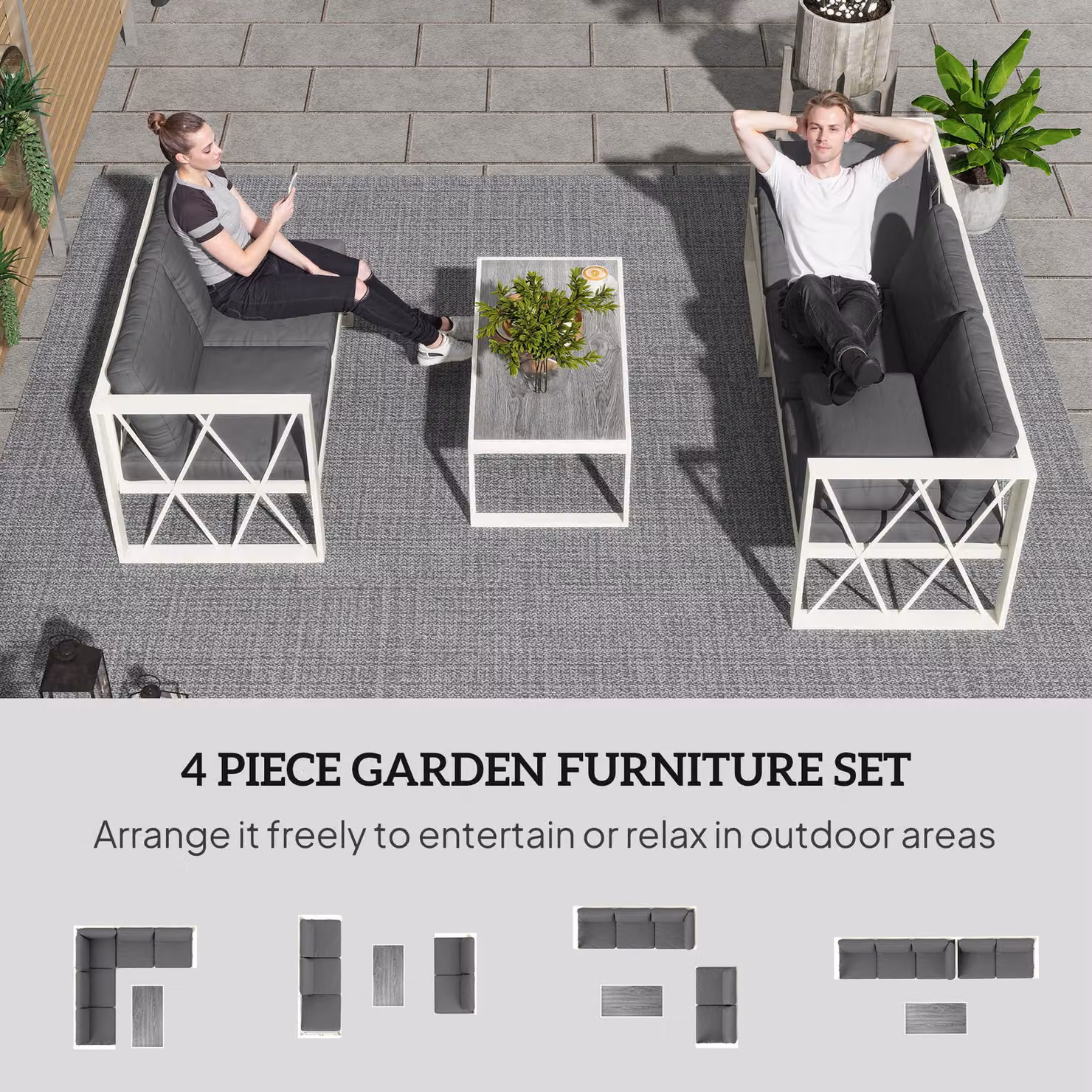Outsunny 4-Piece L-Shaped Garden Corner Sofa Set with 5-Level Adjustable Lounger and Coffee Table in Grey – 3