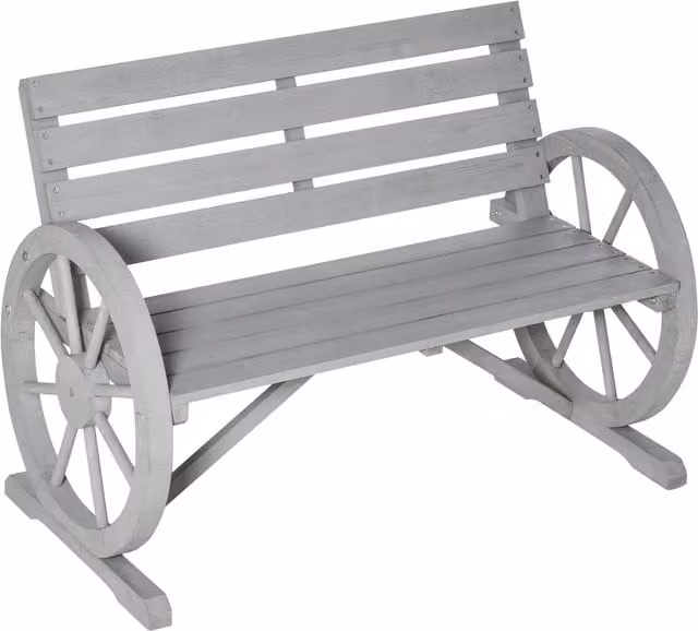 Outsunny 2 Seater Rustic Garden Bench with Armrests and Wagon Wheel Design, Grey – 1