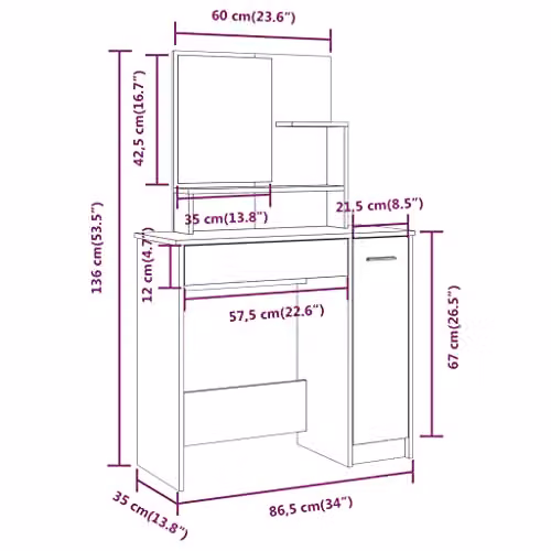 vidaXL Dressing Table with Mirror in Brown Oak, W: 86.5 cm, D: 35.0 cm, H: 136.0 cm – 3
