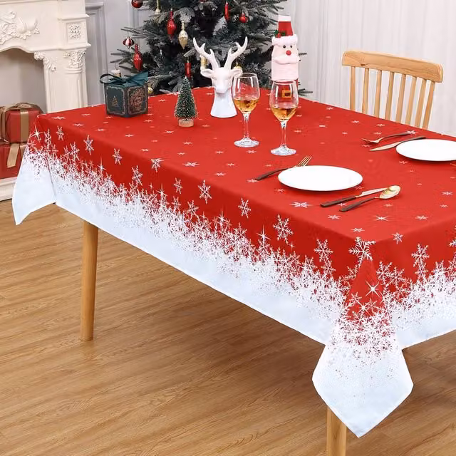 London Boutique 2-Piece Red and White Snowflake Christmas Rectangular Tablecloth Set, W: 137.16 cm, L: 228.6 cm