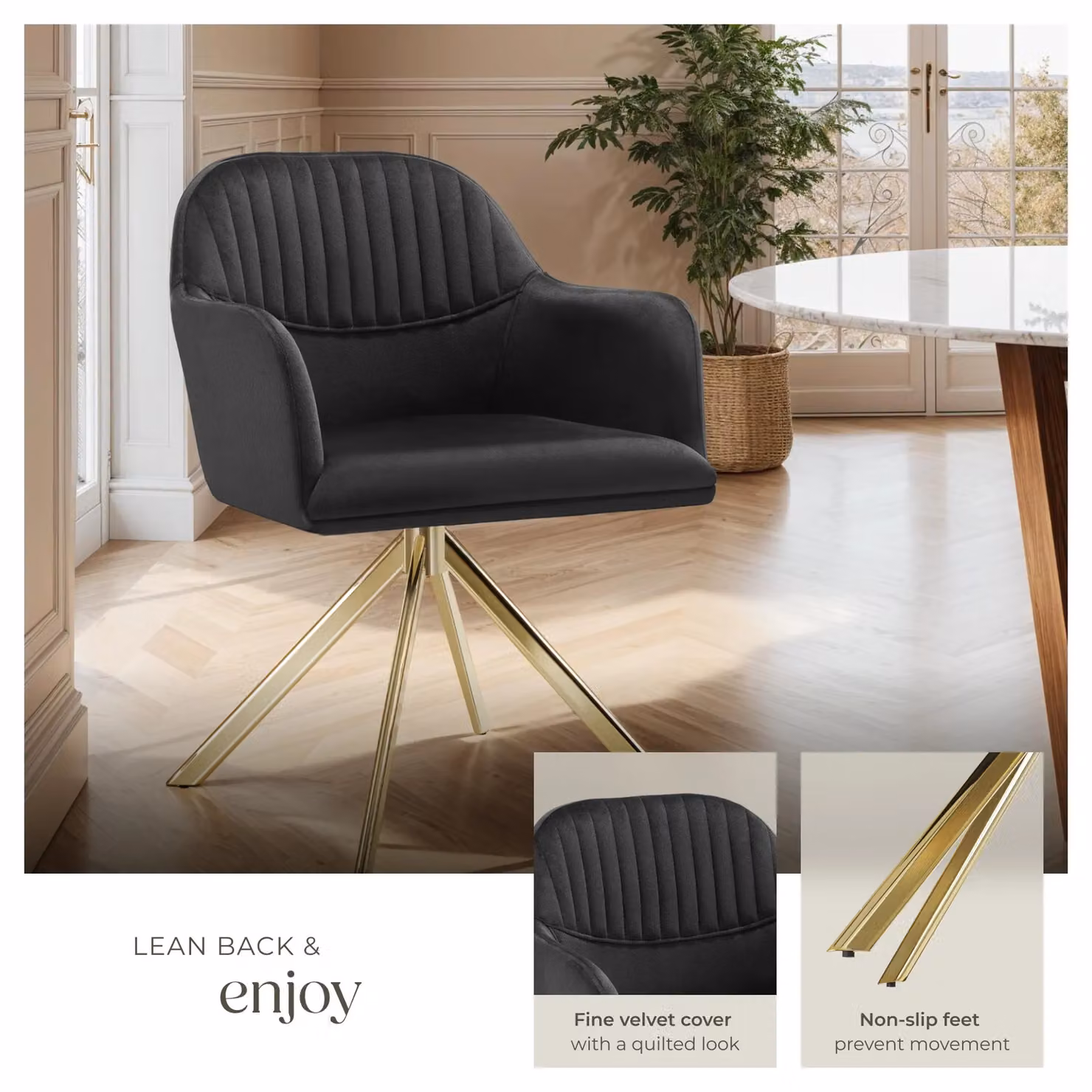 tectake Lona Set of 6 Velvet Armchairs in Black and Gold with 360 Degree Swivel and Armrests – 4
