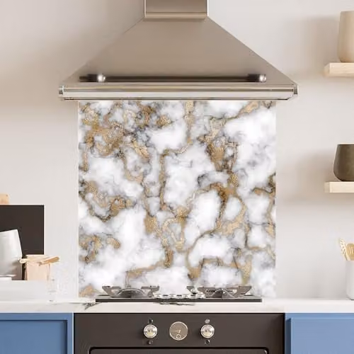 White and Gold Marble Look Toughened 6mm Glass Kitchen Splashback, W: 60 cm x H: 60 cm