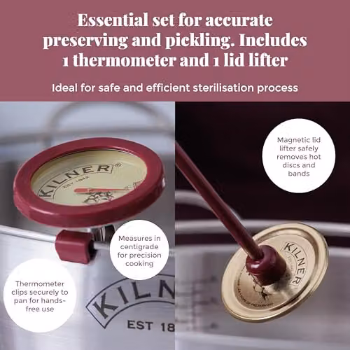 Kilner Preserving Essentials Set with Stainless Steel Thermometer and Red Magnetic Lid Lifter – 3