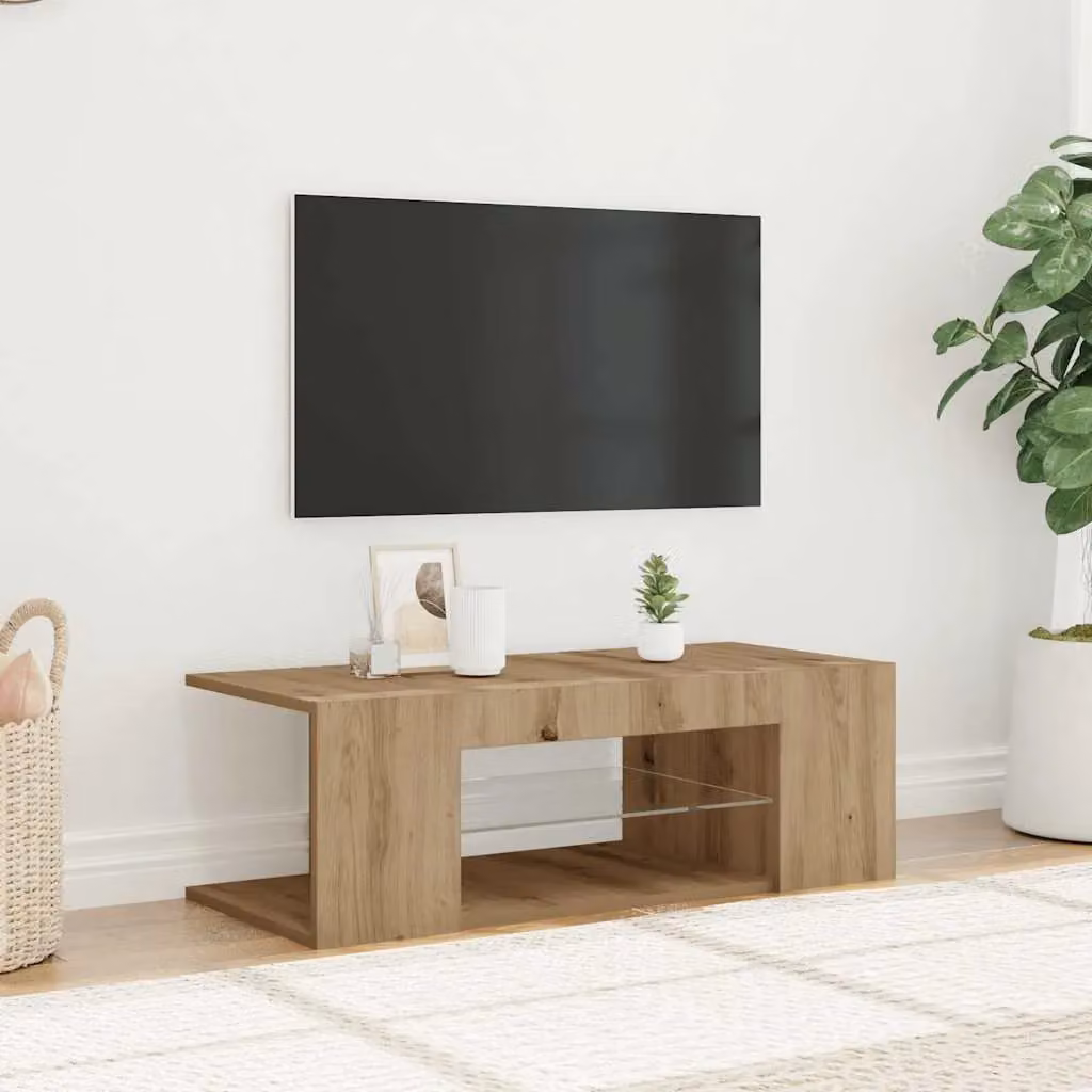 Berkfield Home Artisan Oak TV Cabinet with LED Lights in Brown, W/D/H: 90 x 39 x 30 cm – 3
