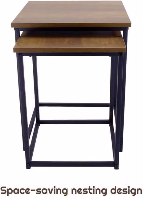 FORGEVIO Square Nest of 2 Industrial Tables with Brown MDF Wood Tops and Metal Frame – 1