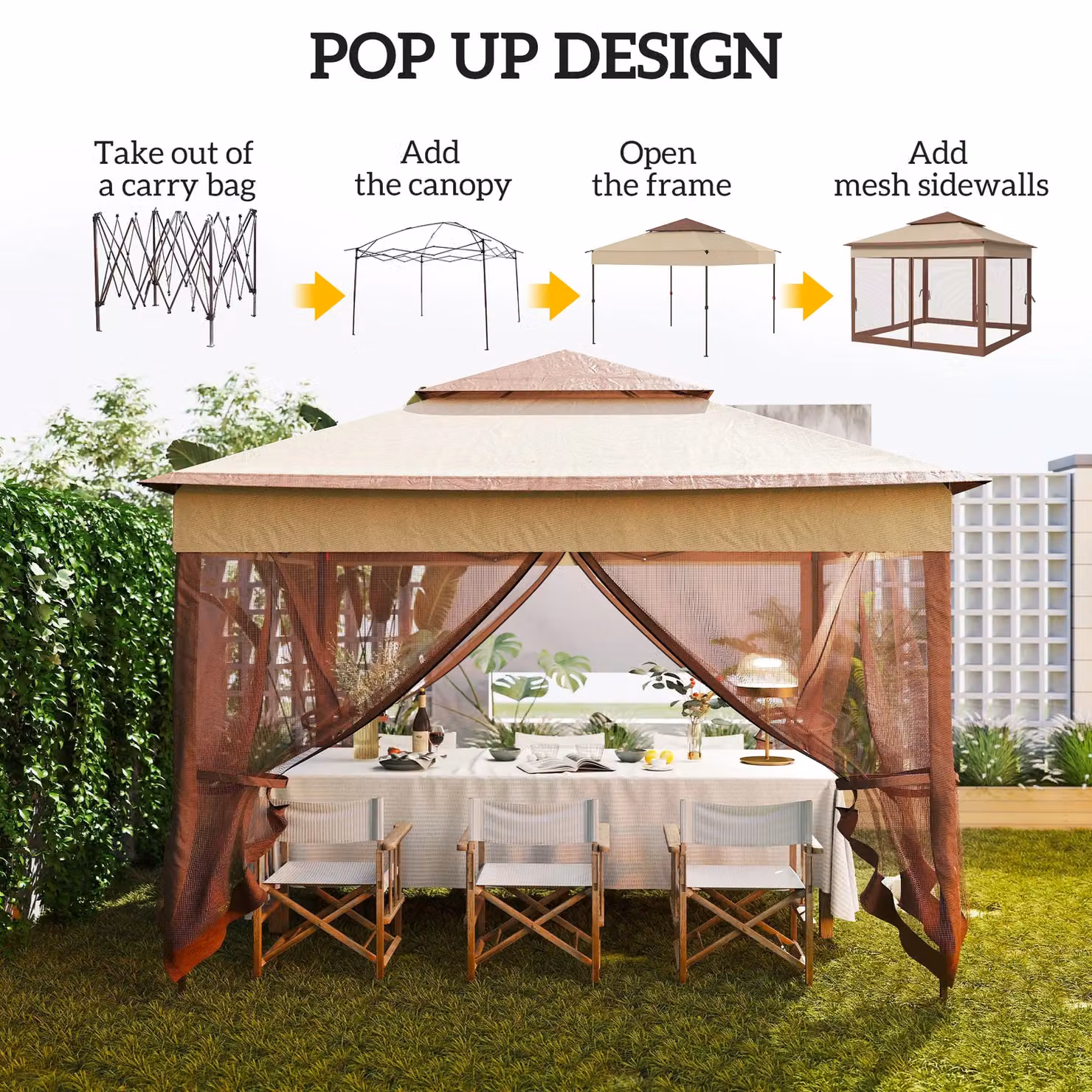 OUTSUNNY Heavy Duty Pop Up Gazebo Folding Garden Tent in Beige, W/D/H: 325 x 325 x 270 cm – 3