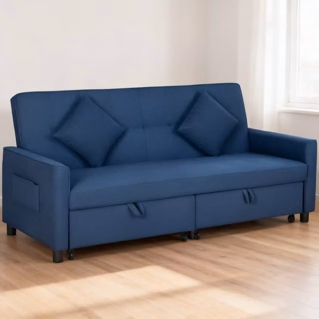 ERGOVEXA Three-Person Blue Velvet Click Clack Sofa Bed with Solid Wood Frame and Adjustable Headrest, W/D/H: 196 x 89 x 90 cm – 1