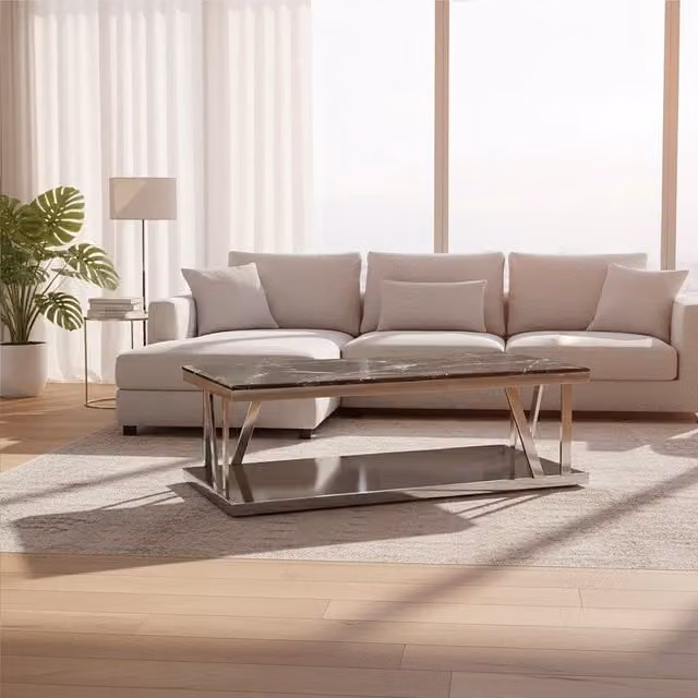 Orsina Modern Rectangular Marble Top Coffee Table in Black and Silver, W/D/H: 130 x 70 x 42 cm