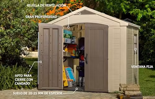 Keter Factor Outdoor Plastic Garden Storage Shed with Wood-Effect Exterior, Double Doors and Ventilation Grills, Beige, W/D/H: 255 x 256.5 x 243 cm – 2