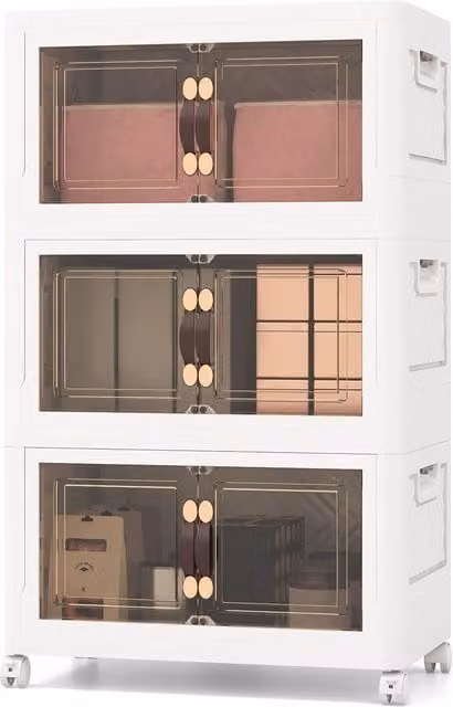 Costway Stackable Folding PP Storage Cabinet with Lockable Wheels, 3 Pack, White
