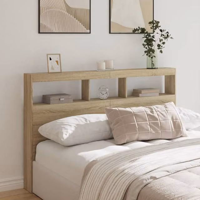 Berkfield Home Sonoma Oak Headboard Cabinet with LED Lighting and USB Charging Port, Brown, W: 160 cm, D: 17 cm, H: 102 cm – 1