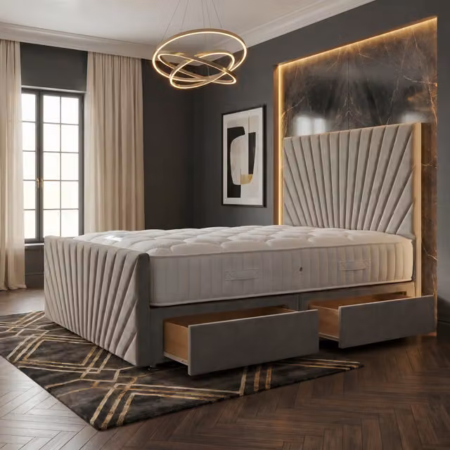 Somnior Beds Ltd Sunrise Silver Velvet Divan Bed with Mattress and Drawers W/D/H: 180 x 200 x 115 cm