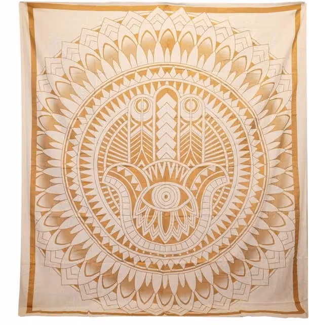 KDMK Double Cotton Hamsa Design Bedspread and Wall Hanging in White and Gold