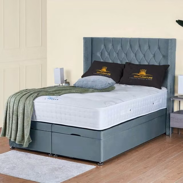 UK Bed Furniture Francesca End Lift Divan Ottoman Bed with 54 Inch Diamond Headboard in Light Blue, W/D/H: 120 x 200 cm