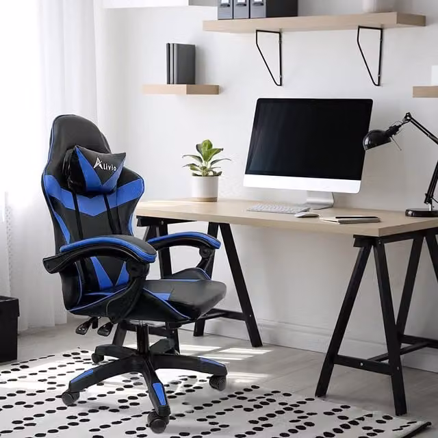 Alivio Blue Synthetic Leather Reclining Swivel Gaming Chair with Headrest and Armrests
