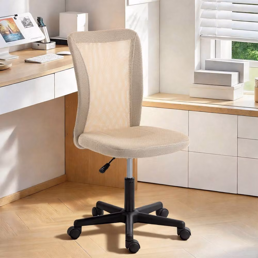 Rolipo Armless Mesh Swivel Office Chair in Beige with Adjustable Height – 3