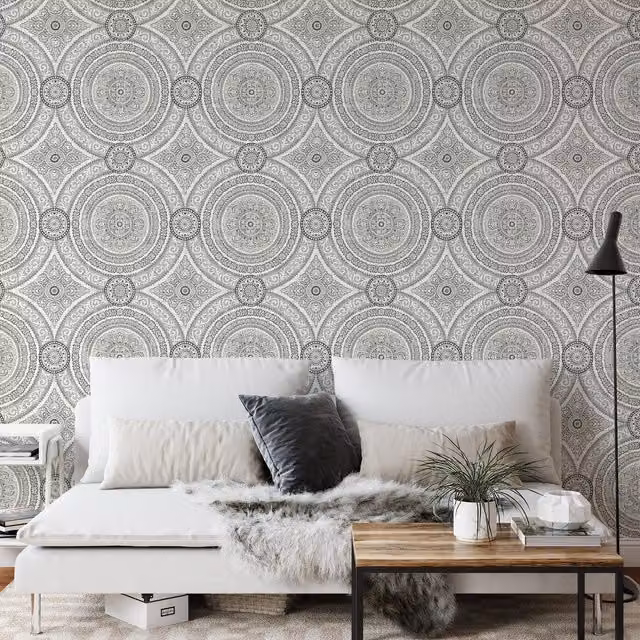 Wallquest Caspia Classic Damask Floral Wallpaper in Black and White