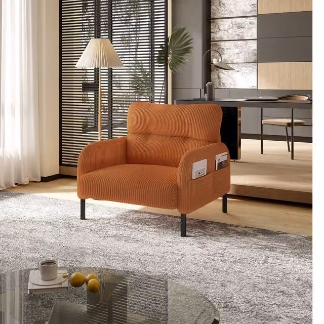 Direct Wicker Orange Corduroy Single Armchair with Solid Wood Frame and Foam Padding