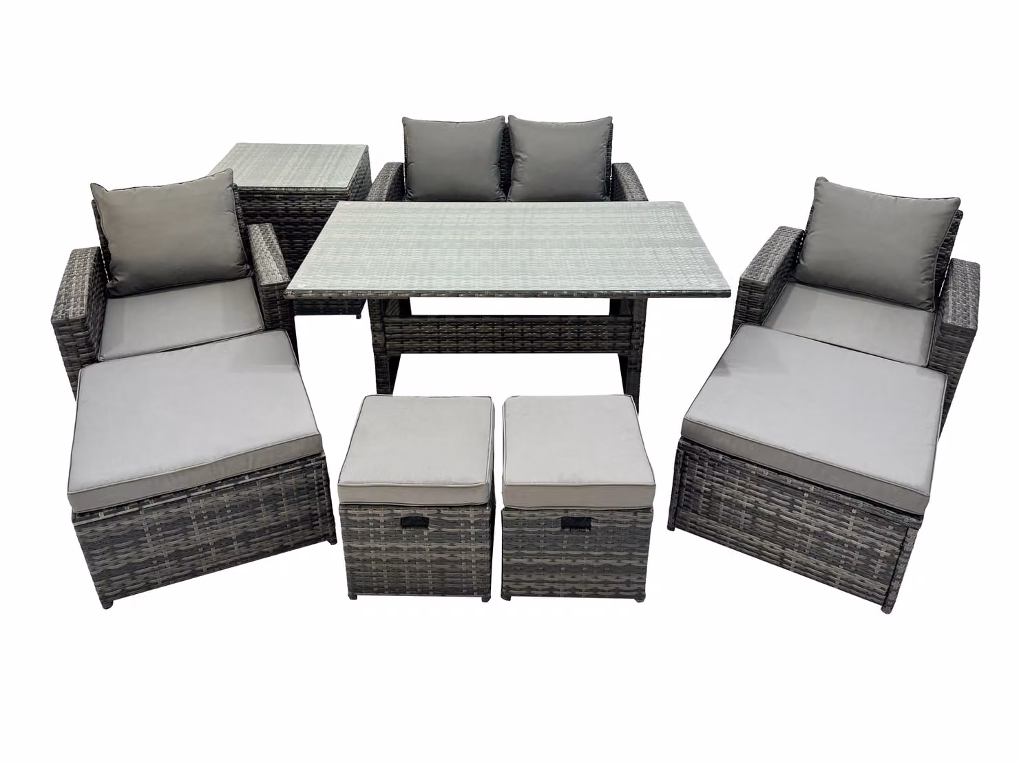 Fimous 8 Seater Outdoor Dining Set with Double Seat Sofa, Side Table and 4 Stools in Dark Grey – 2