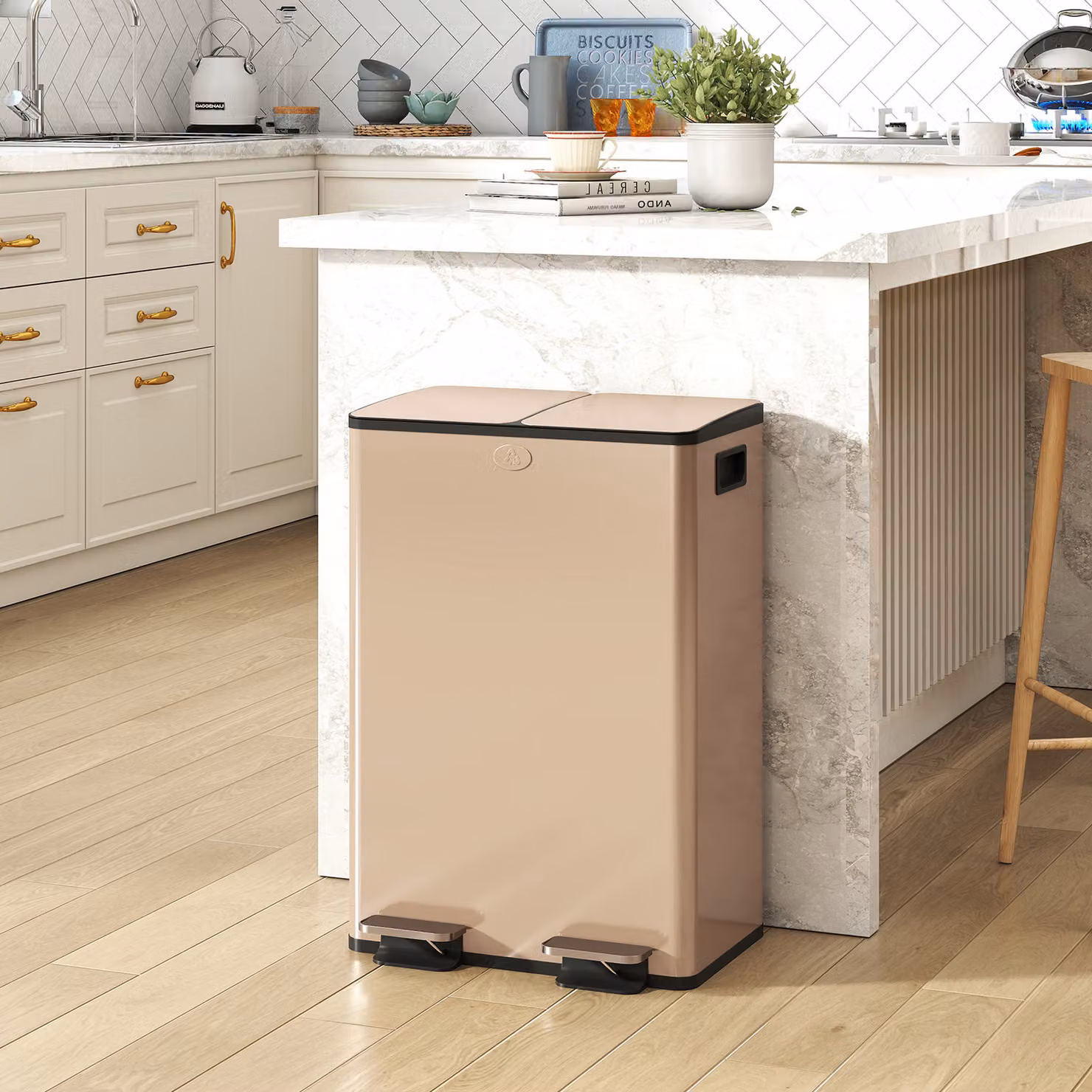 HOMCOM 56L Dual Compartment Stainless Steel Pedal Bin with Deodoriser Holders, Gold Tone – 2