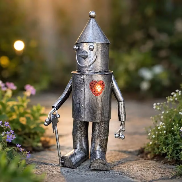 Marco Paul Solar Tin Man Garden Ornament with LED Heart in Metallic Silver – 1